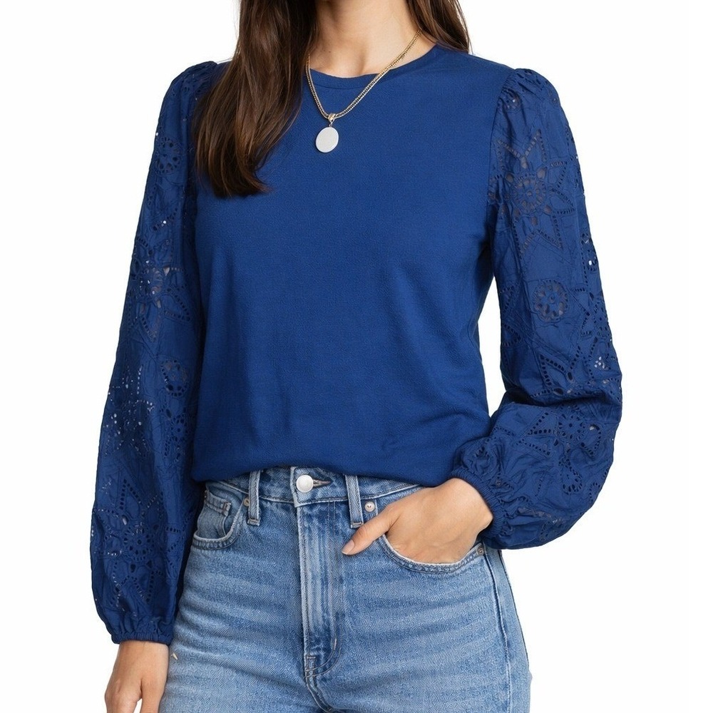 Johnny Was JADE Top Women M Blue Nora Long Sleeve Boho Chic Eyelet Embroidery